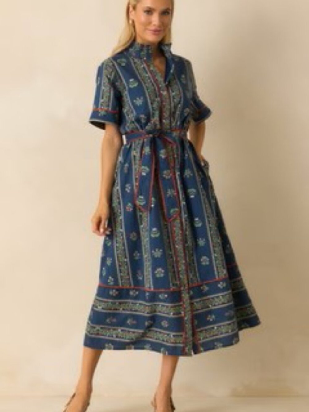 entro Blue Floral Print Midi Dress with Belt